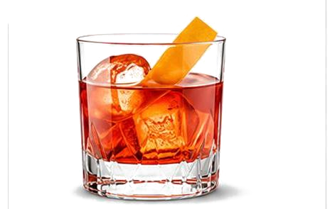Negroni-Cocktail im Tumbler-Glas mit großem Eiswürfel