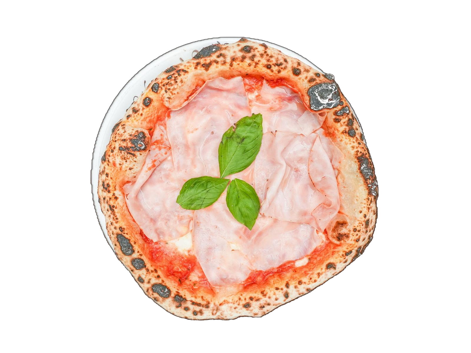 Neapolitanische Pizza mit gekochtem Schinken, Tomate und frischem Basilikum