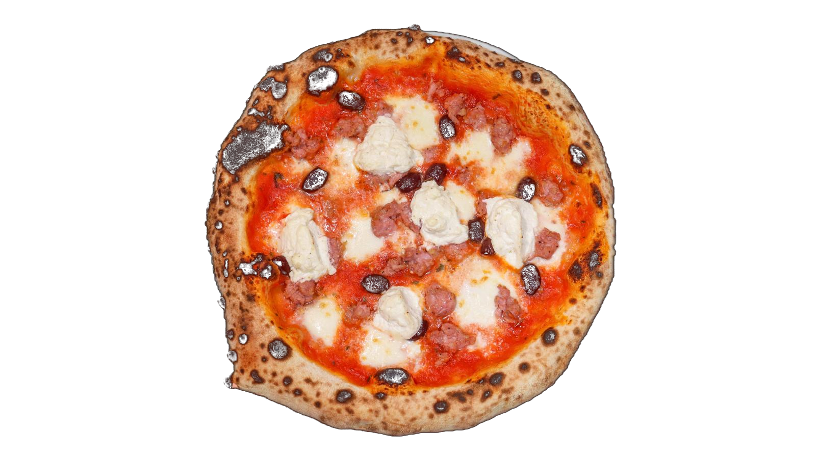 Neapolitanische Pizza mit Salsiccia, Burrata und schwarzen Oliven